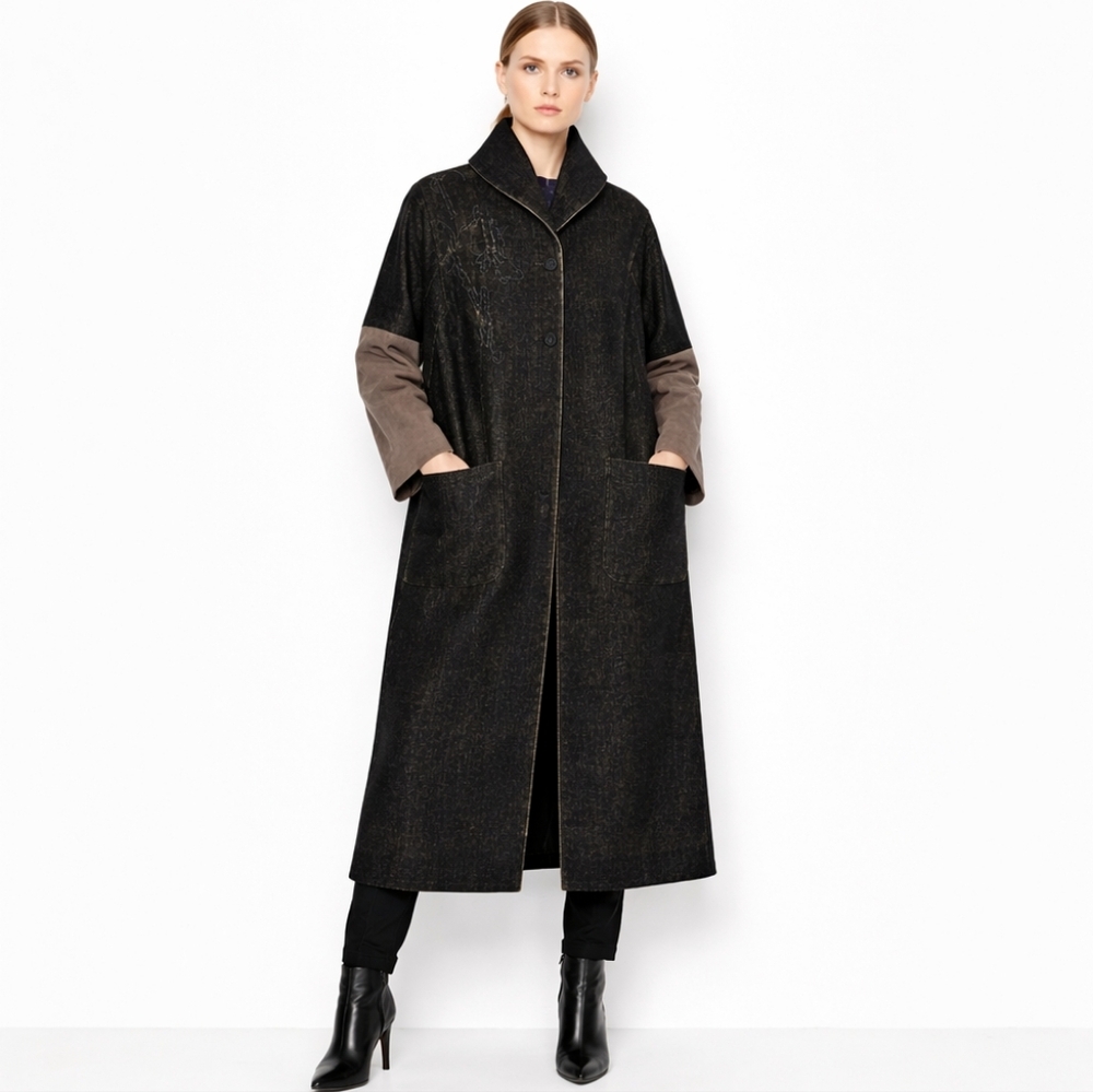 Vintage European Modani Rich Brown Contrast Sleeves Velvety Midi Duster Coat